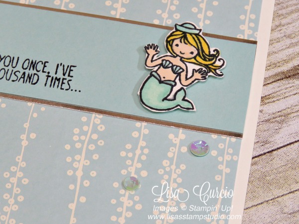 This adorable mermaid is from the Message in a Bottle stamp set by Stampin' Up! Close up view.