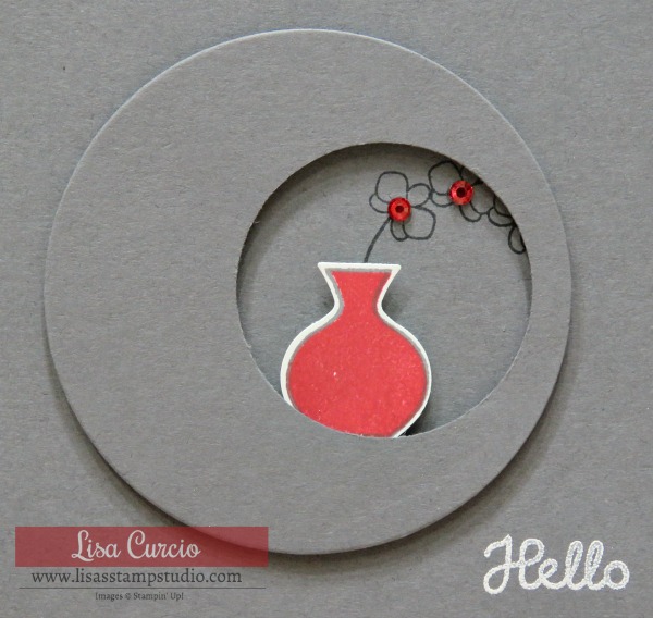 Fabulous visual interest and easy to accomplish! Varied Vases by Lisa's Stamp Studio. Close up view of a geometric circle with a red vase inside the circle.