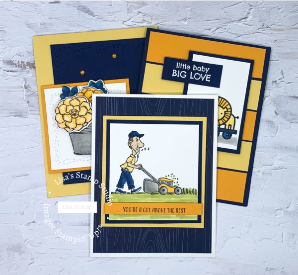3 greeting cards made with this color challenge of navy, yellow, & mango