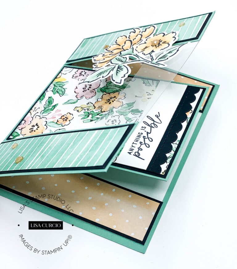Side view of three layered spanner card with floral design
