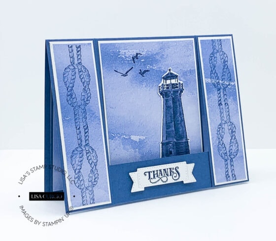 Angled front view of a lighthouse fun fold card